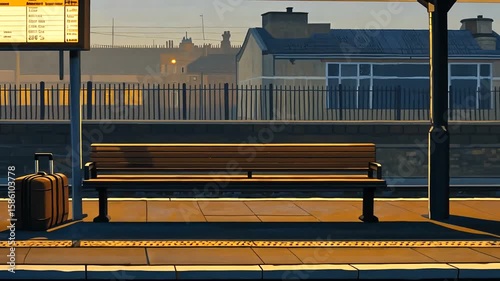 Quiet train station platform at dawn with a suitcase, bench, and distant buildings in soft light