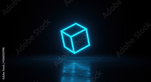 Glowing Futuristic Neon Cube in Dark Sci-Fi Space
