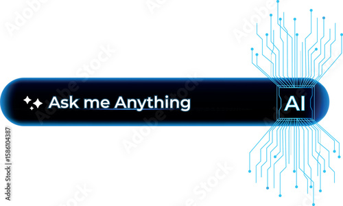 Isolated modern, AI-powered search bar for asking anythings. Cutting-edge technology with an AI icon and motherboard. Users connect through digital dialogue Futuristic concept. Internet of Things. 