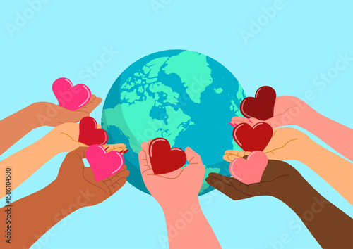 Diverse Hands Giving Love to the World. International Day of Charity, unity, kindness, and global support illustration.