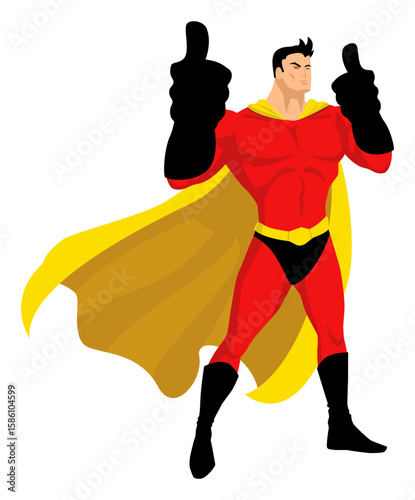 Cartoon Superhero in Red Suit Giving Double Thumbs Up, vector Illustration.
