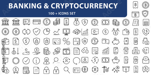 Cryptocurrency and Banking Line Icons, Bitcoin, Wallet, Bank, Coin, Credit Card, Editable Formats: AI, EPS, PNG, Ideal for Both UI and Print Media Use
