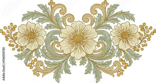 Vintage floral embroidery, ornate flower border, stitched botanical design, decorative embroidered motif, yellow flower illustration, antique floral embellishment