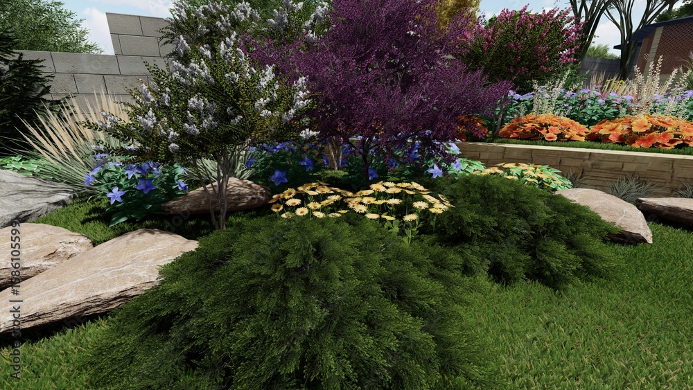 Fototapeta premium 3d image of the landscape design of the home territory. Landscaping of the territory. Computer visualization of composite landscaping and landscaping solutions.
