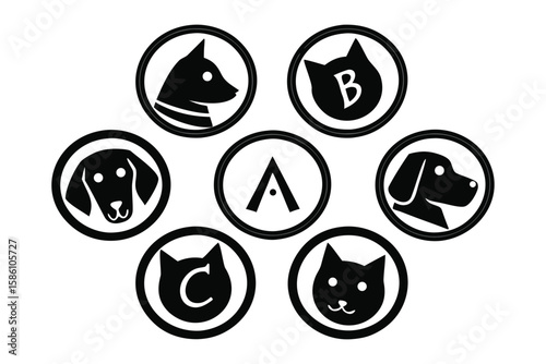 Collection of circular icons featuring dog and cat silhouettes with letters