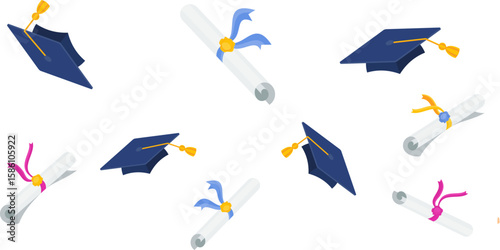 Graduates celebration. Flying black graduate hat border
