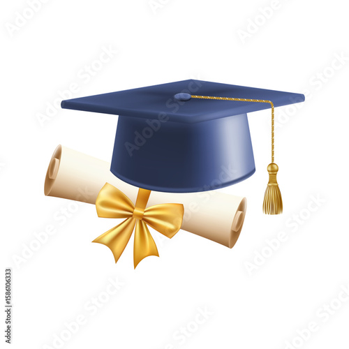 3d diploma scroll with graduate hat. Vintage roll paper