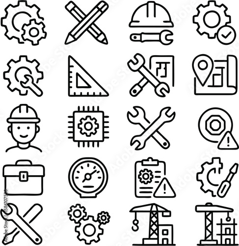 Engineering vector icon set includes gears, tools, blueprints, hard hats, rulers, machines, technical drawings, construction elements, and mechanical systems.

