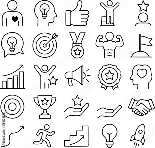 Success vector icon set features trophies, medals, target hits, rising graphs, thumbs up, stars, business wins, celebrations, checkmarks, and achievement symbols.

