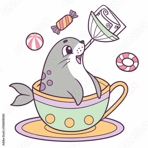 Playful Amused Weddell seal design, styled with sitting in a teacup ride and Candy Shop shades in a Birthday setting