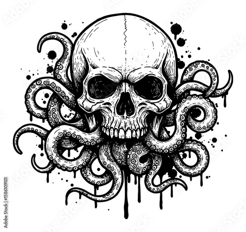 Deep Solid Black Human Skull with Creepy Tentacles Drip Splat Abstract Surreal Paint Messy Black and White Outline Line Art Drawing