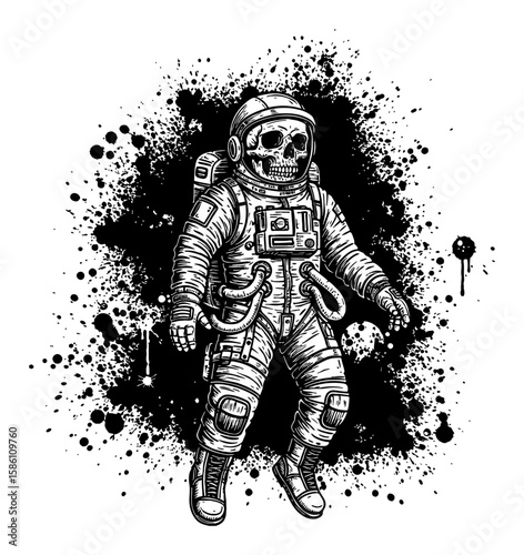 Astronaut with Skull Head Floating in Surreal Dripping Paint Splatter Abstract Black and White Outline Line Art Drawing