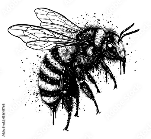 Bee Deep Solid Black Drip Splat Abstract Surreal Paint Messy Style Black and White Outline Line Art Drawing