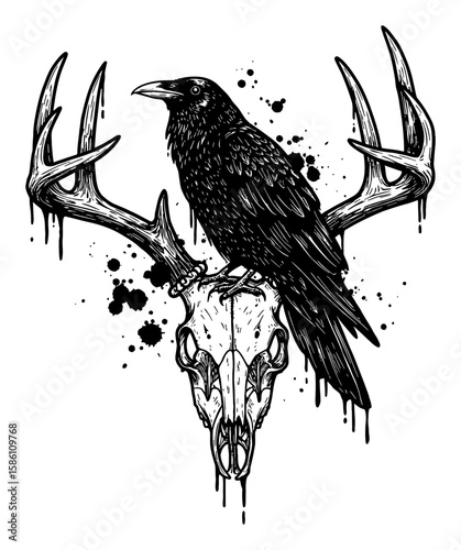 Abstract Surreal Crow on Deer Skull Drip Splat Messy Deep Solid Black White Outline Line Art Drawing