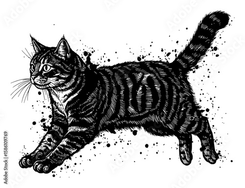 Cat Running Dripping Splashing Abstract Surreal Paint Messy Black and White Outline Line Art Drawing