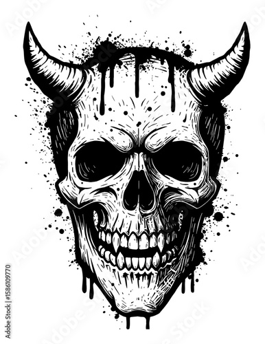 Devil Skull Drip and Splat Abstract Surreal Paint Messy Style Deep Solid Black and White Outline Line Art Drawing