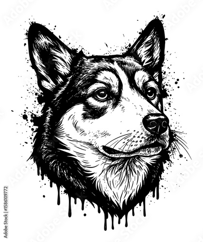Dog Head Drip Splat Abstract Surreal Paint Messy Style Deep Solid Black and White Outline Line Art Drawing