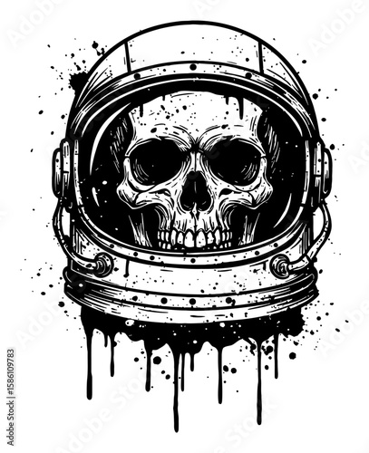 Skull in Astronaut Helmet Drip Splat Abstract Surreal Paint Messy Style Black and White Outline Line Art Drawing
