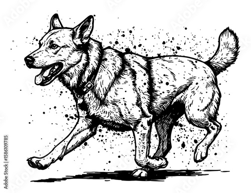 Energetic Dog Running Drip and Splat Abstract Surreal Paint Messy Style Deep Solid Black White Outline Line Art Drawing