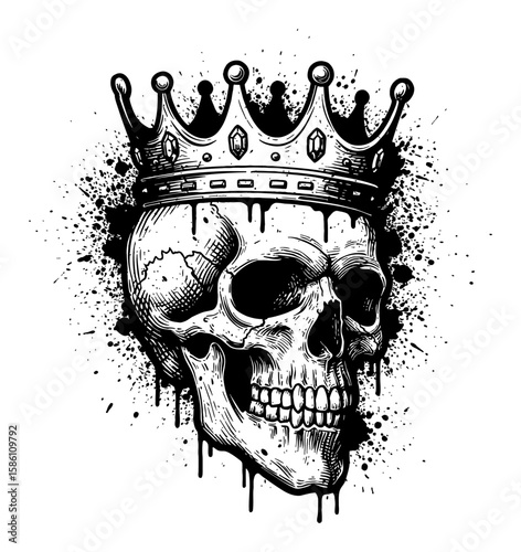 Skull with Crown Drip Splatter Abstract Surreal Paint Messy Black and White Outline Line Art Drawing Style