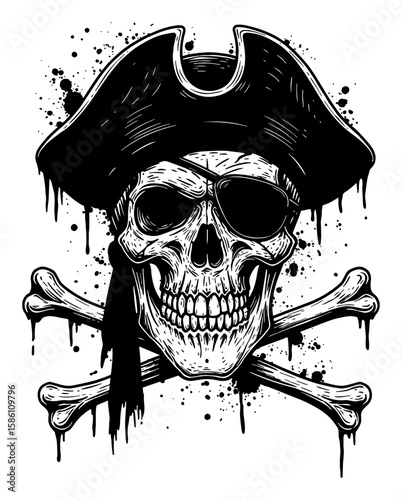 Skull Pirate Hat Eye Patch Drip Splat Abstract Surreal Messy Paint Style Deep Solid Black and White Outline Line Art Drawing