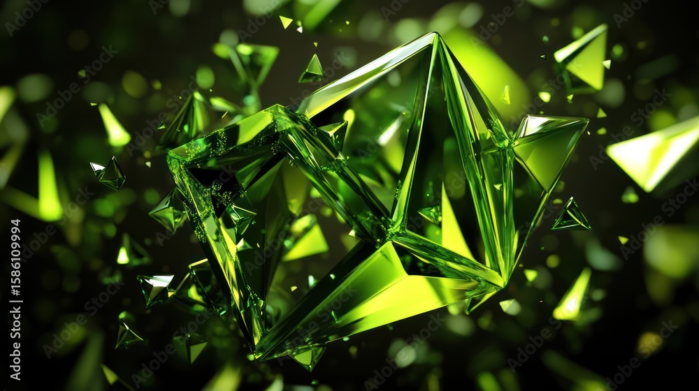 Fototapeta premium Emerald geometric shards explode in a dark background