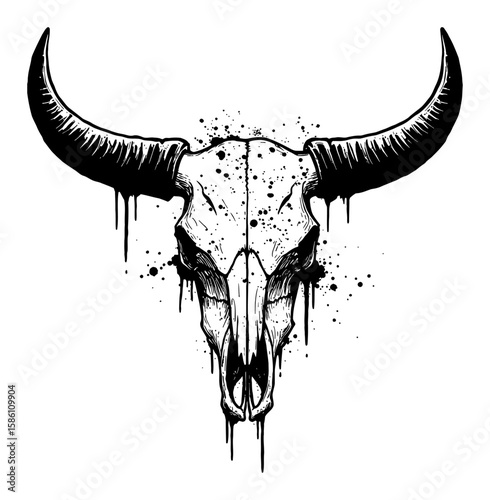 Bull Skull Drip Splat Abstract Surreal Paint Messy Style Deep Solid Black and White Outline Line Art Drawing