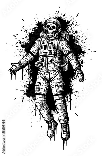 Astronaut with Skull Head Floating Drip Splat Abstract Surreal Paint Messy Black and White Outline Line Art Drawing