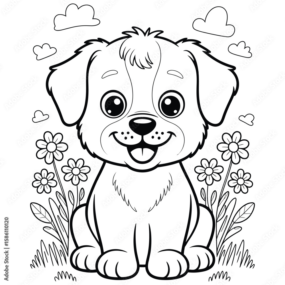 Fototapeta premium Cute cartoon puppy sitting with big smile surrounded by flowers line art vector for kids coloring page