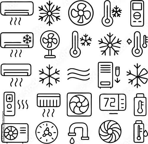 Air conditioning vector icon set includes AC units, remote controls, cool air symbols, fans, thermostats, vents, snowflakes, temperature settings, and HVAC tools.

