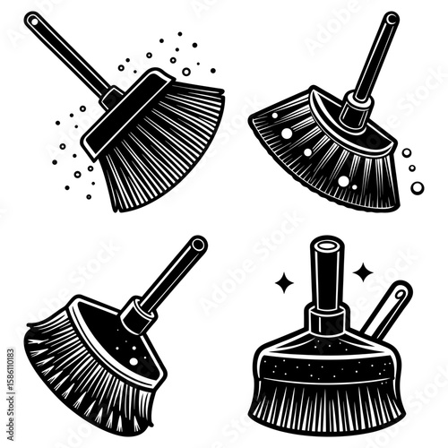 Four monochrome illustrations of various brooms and brushes for cleaning on a white background