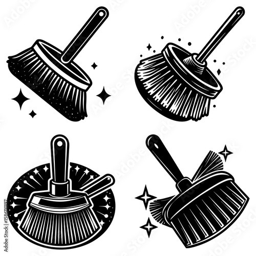 Collection of four black and white illustrations of cleaning brushes with sparkling effects and details