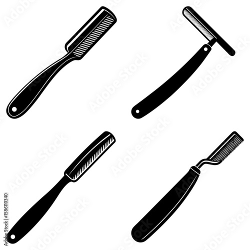 Illustration of four vintage grooming tools including combs and straight razors in black and white style
