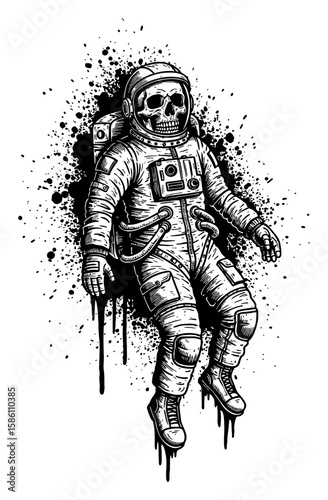 Astronaut with Skull Head Floating Abstract Surreal Paint Drip Splatter Messy Style Black and White Outline Line Art Drawing