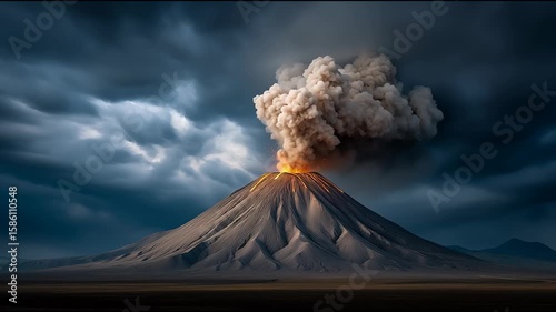Volcano eruption with thick smoke and glowing lava under dark mountain cloud creating dramatic intense natural scene