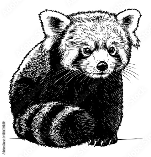 Cute Red Panda Animal Facing Camera Black and White Outline Line Art Drawing Engraved Style Detail