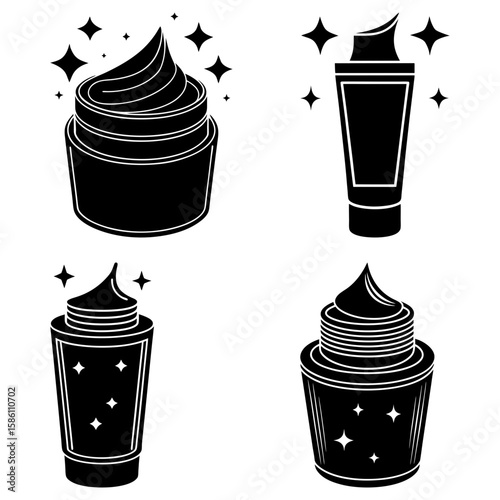 Illustration of four cosmetic containers with cream and sparkles in black and white colors style