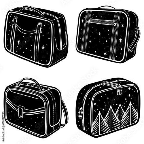 Collection of four black and white retro style bags with different designs and patterns shown here nicely