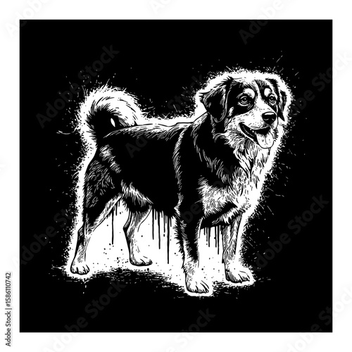 Dog Full Body Shot Abstract Surreal Paint Messy Drip Splat Deep Solid Black and White Outline Line Art Drawing