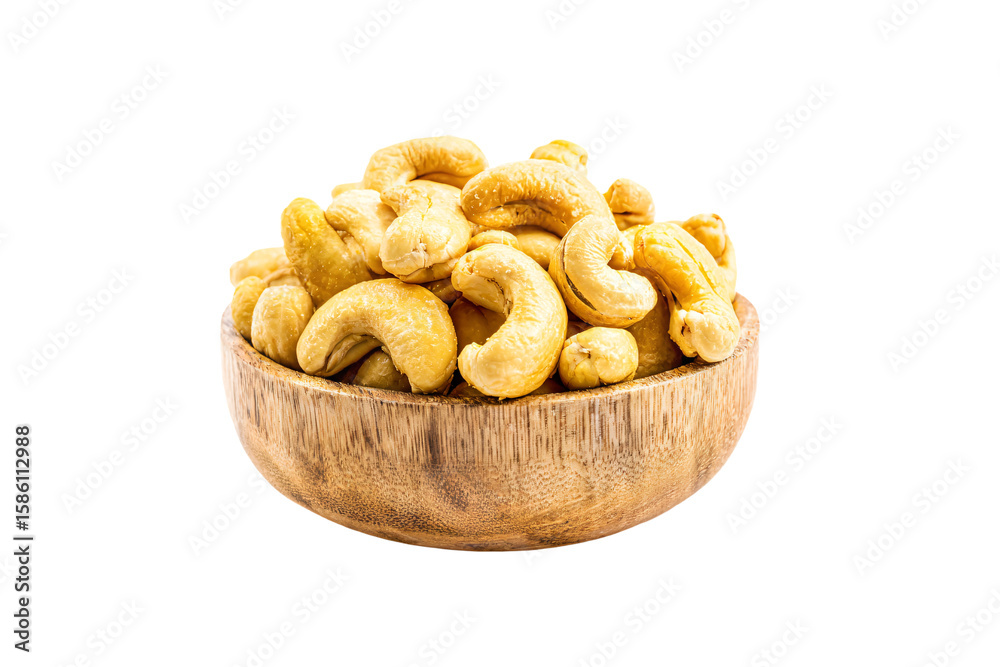Fototapeta premium a wooden bowl filled with cashews on a white background