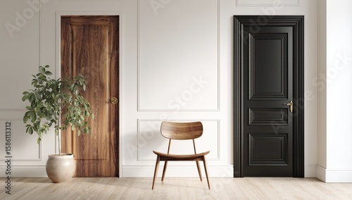 A minimalist hallway with a wooden and black door