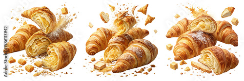 Set of Fresh baked butter breakfast croissants and crumbs falling flying  isolated on a transparent background