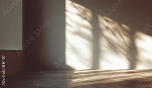 Interior view, sunlight casts shadows on light beige wall