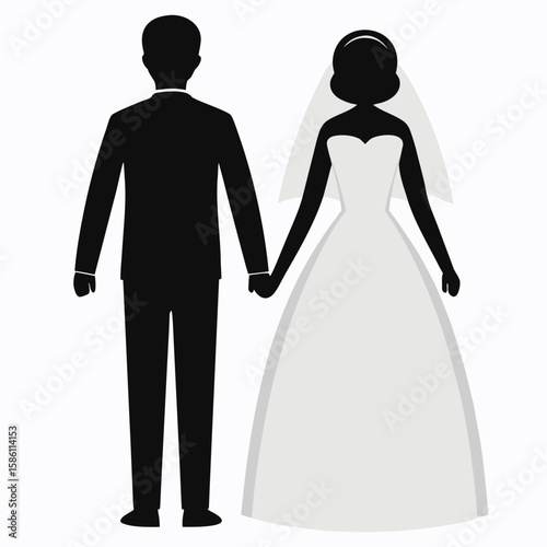 Groom in suit bride in gown holding hands wedding couple