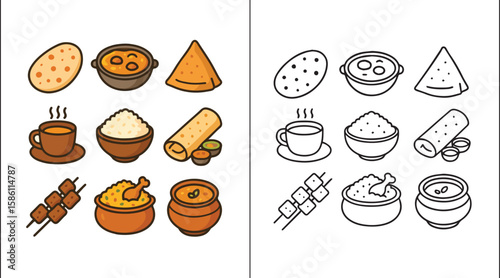Indian Food Vector Set Featuring Dosa, Samosa, Biryani, Thali, and different Cuisine Icons
