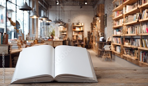 Open book on wooden table, bookstore background