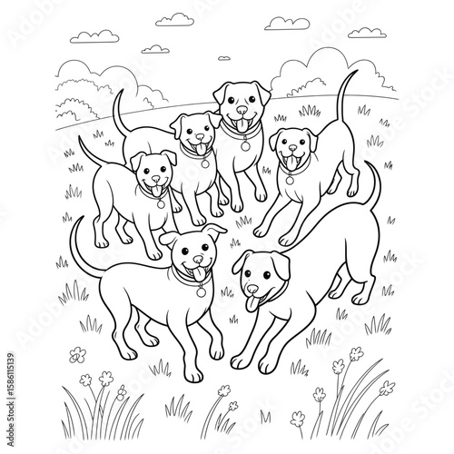 Group of dogs from multiple breeds playing together in a field vector for fun and friendly kids coloring page