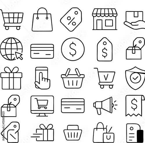 Shopping vector icon set includes carts, bags, online stores, discounts, credit cards, price tags, delivery boxes, storefronts, sales, and customer purchases.

