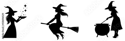 Silhouette halloween witch clipart set 