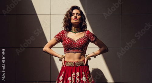 A woman in a red indian dress poses in the sunlight